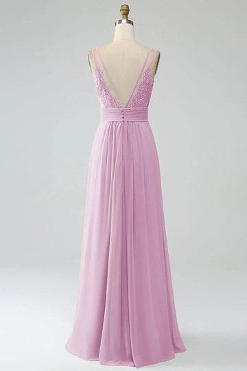 Rosa caramelo A-Line Spaghetti Trapes Plisado Gasa Largo Vestido De Dama De Honor
